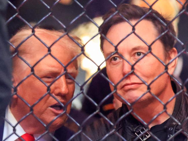 (FILES) US President-elect Donald Trump (L) and Tesla and SpaceX CEO Elon Musk watch a fight during UFC 309 at Madison Square Garden in New York, on November 16, 2024. Donald Trump will be the one taking the presidential oath next week, but in some respects, billionaire Elon Musk might as well place his hand on the Bible too.  In an unprecedented relationship for modern US history, Trump will be heading into the White House shadowed by an advisor who is not only the world's richest person but matches the incoming president in terms of wild ambition, hard-right politics, and media influence. (Photo by Kena Betancur / AFP)