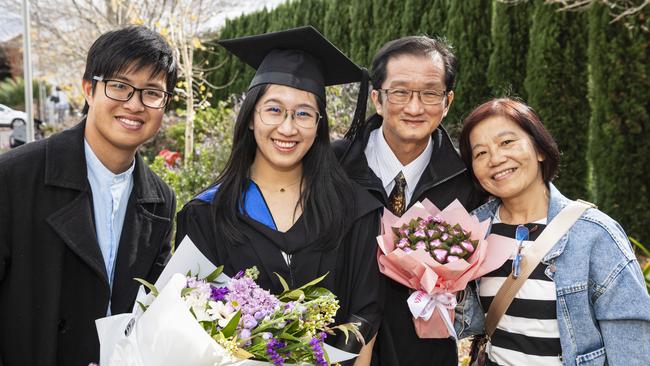 Master of Clinical Psychology graduate Elaine Tey with (from left) Daniel Ooi, Tey Hwee Wai and Tan Sook Min at a UniSQ graduation ceremony at The Empire, Tuesday, June 25, 2024. Picture: Kevin Farmer