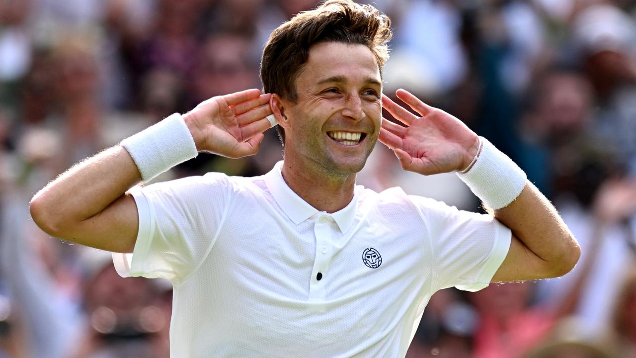 Brit Liam Broady celebrates after winning his match against Casper Ruud. Picture: Mike Hewitt/Getty Images