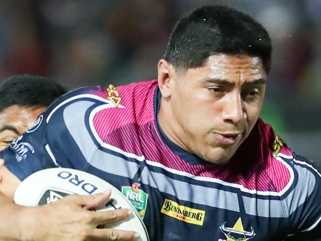 Jason Taumalolo of the Cowboys is tackled during the Round 22 NRL match between the North Queensland Cowboys and Brisbane Broncos at 1300SMILES Stadium in Townsville, Thursday, August 9, 2018. (AAP Image/Michael Chambers) NO ARCHIVING, EDITORIAL USE ONLY