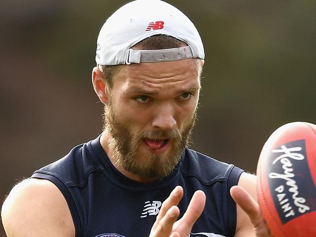 MELBOURNE, AUSTRALIA - JULY 18:  Max Gawn of the Demons marks during a Melbourne Demons AFL training session at Gosch's Paddock on July 18, 2017 in Melbourne, Australia.  (Photo by Quinn Rooney/Getty Images)