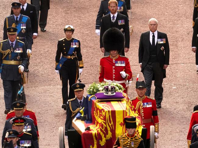 Senior royals will again walk behind the Queen’s coffin. Picture: AFP.