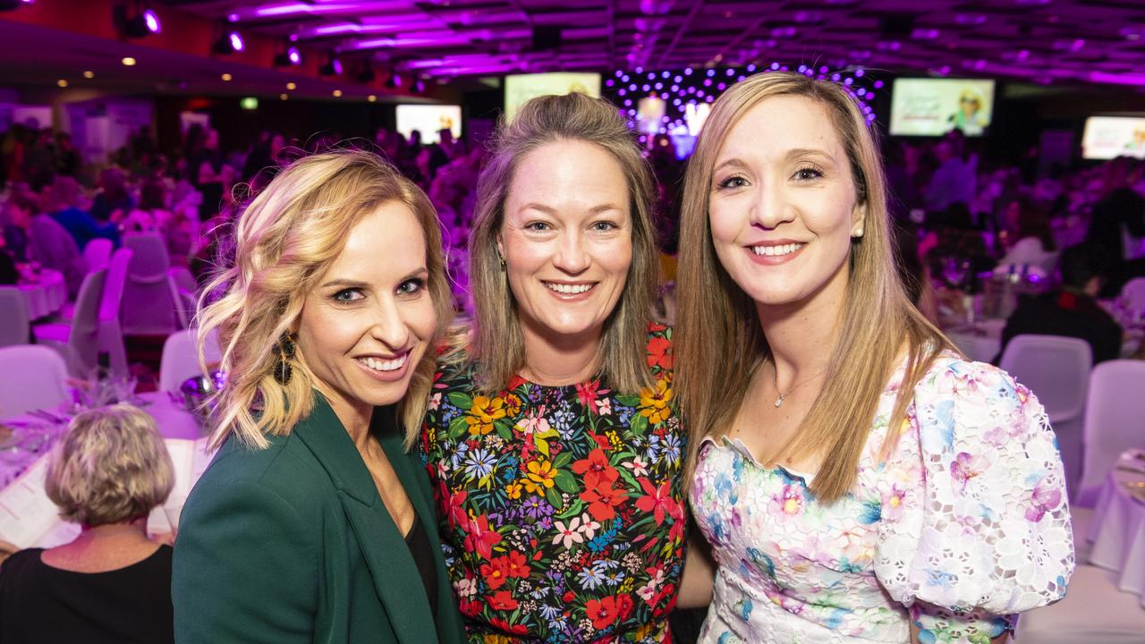 At Toowoomba Hospital Foundation's Women of Strength luncheon are (from left) Vanessa Gleeson, Katrina Makim and Emma Pattinson at Rumours International, Friday, August 19, 2022. Picture: Kevin Farmer