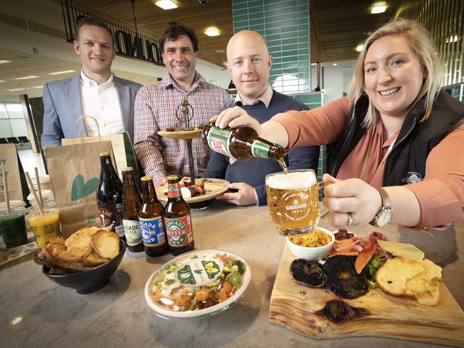 (L-R) Managing Director Liv- eat, Coal River farm founder Daniel Leesong, Operations Manager SSP Australia Hobart Airport Daniel McKenzie and Marketing Manager Cascade Brewery Bar Emma Gilligan at Hobart Airport. Picture Chris Kidd