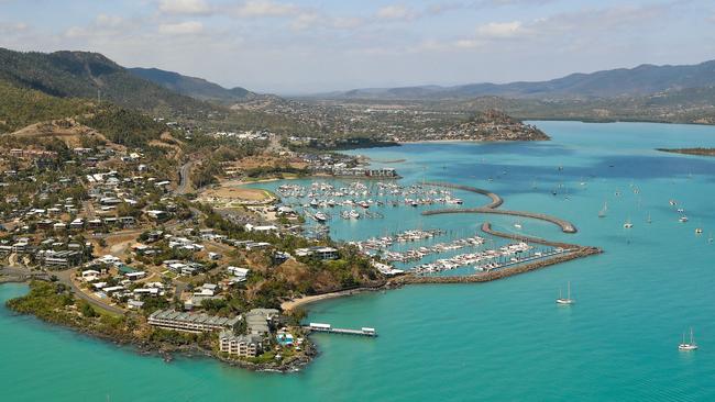 An aerial shot of the Coral Sea Marina Resort, Airlie Beach, Whitsundays.