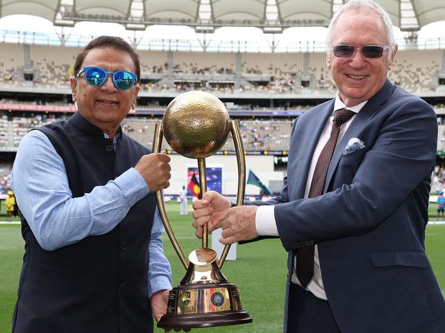 Sunil Gavaskar and Allan Border with the trophy named in their honour before the first Test of the Australia-India Test series. Picture: Paul Kane – CA/Cricket Australia via Getty Images