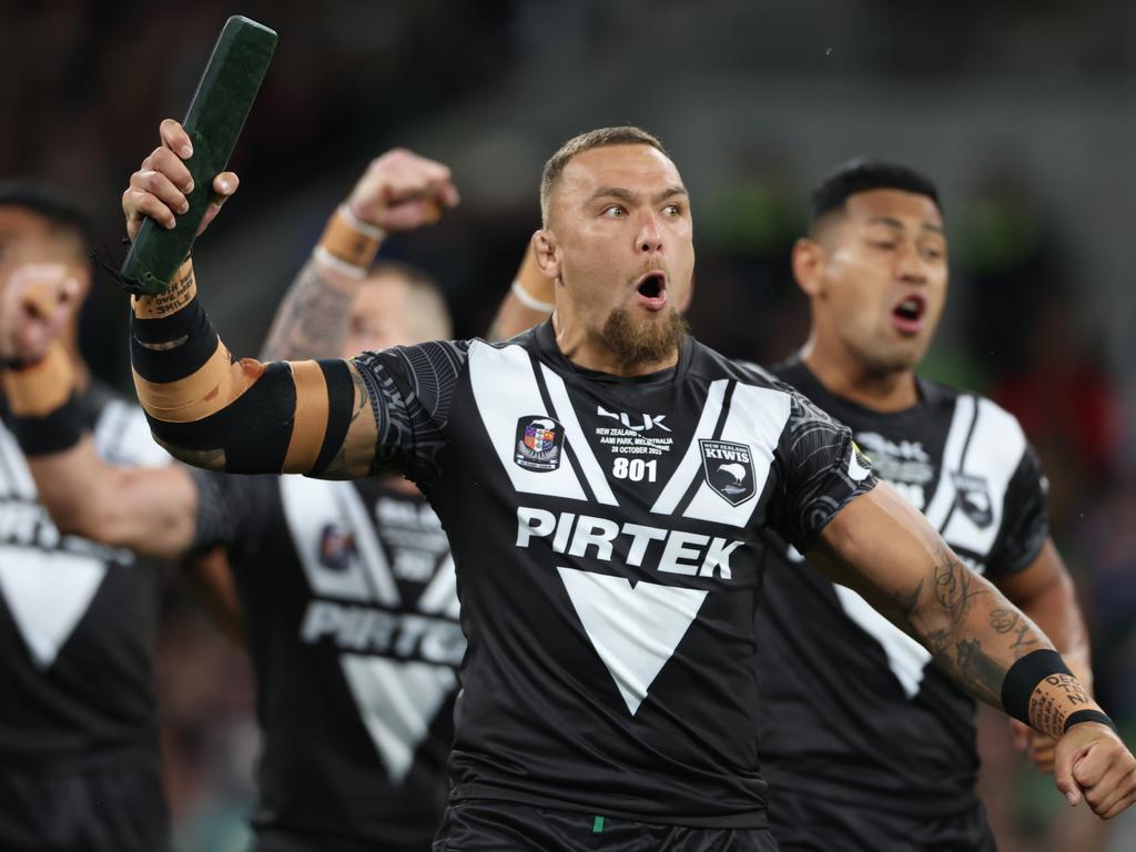 James Fisher-Harris leads the haka for New Zealand. Picture: NRL Photos