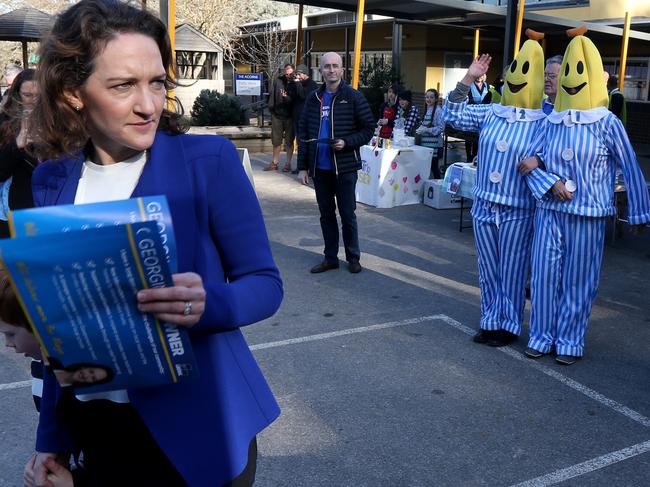 Volunteers dressed as the Bananas in Pyjamas from activist group GetUp following Georgina Downer during the Mayo by-election last year. Picture: AAP / Kelly Barnes