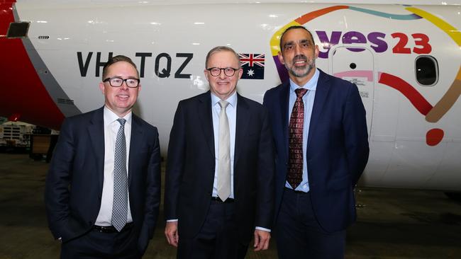 Anthony Albanese with former Qantas chief Alan Joyce and ex AFL star Adam Goodes. Picture: Gaye Gerard