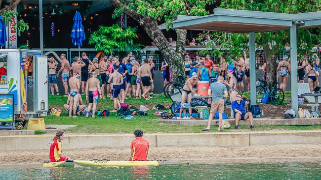 Competitors preparing to begin the swim at the Darwin Waterfront Lagoon. Picture: Darwin Triathlon Club.