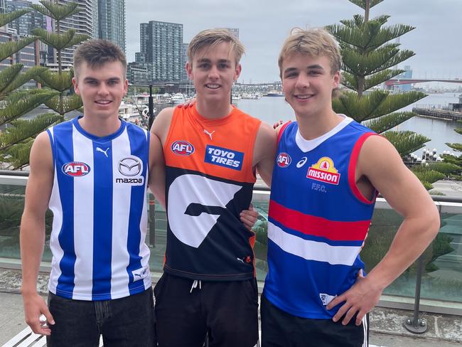 Tasmanian prospects Colby McKercher (North Melbourne), James Leake (GWS) and Ryley Sanders (Western Bulldogs). Picture: AFL Tasmania