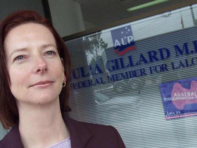 <p>Ms Gillard poses after winning the seat of Lalor at the 1998 federal election. Picture: Kelly Barnes</p>