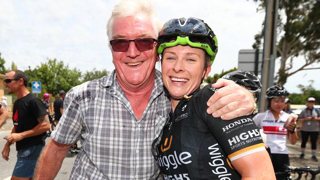 11.1.2018.Gumeracha will host the start and finish of Stage One of the Santos Women's Tour Down Under.Stage one winner Annette Edmondson team Wiggle High-5 gets a hug from her dad Steve..    pic tait schmaal.