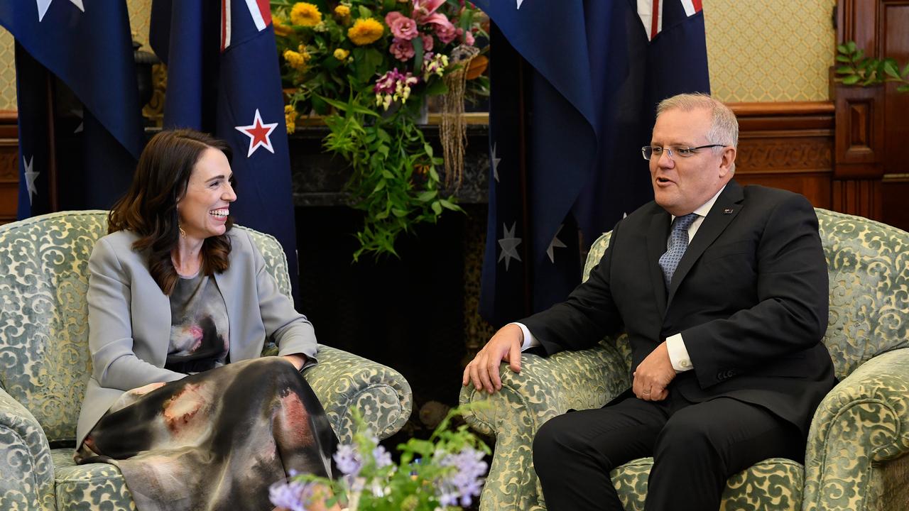 Jacinda Ardern and Australian PM Scott Morrison chat at Admiralty House. Picture: Bianca De Marchi/Getty