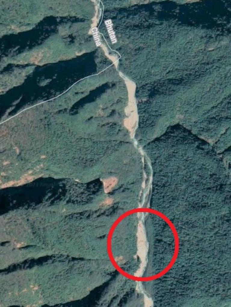 The village of Pangda (ringed) is 2.5 km south of the Chinese border (top). Picture: Google Maps.