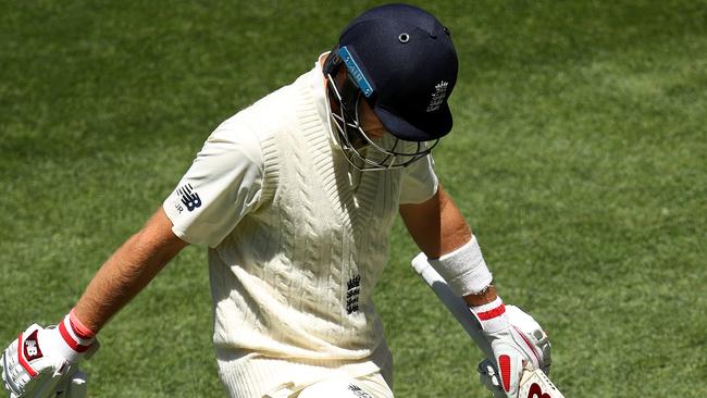 Joe Root leaves the field after being dismissed by Josh Hazlewood. Picture: Getty Images.