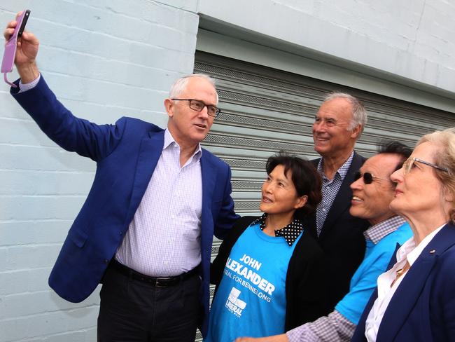 Prime Minister Malcolm Turnbull (left) with Liberal candidate for Bennelong John Alexander during a visit to the Hanho Korean Daily Newspaper in Eastwood. Picture: AAP