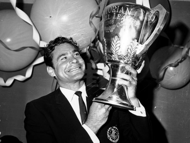 1968. Carlton coach Ron Barassi with the premiership cup. 1968 Grand Final. Carlton v Essendon. HWT ARCHIVAL NEGATIVE.