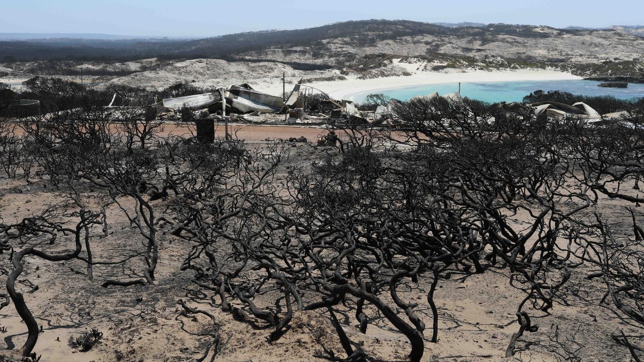 The remains of beach shacks at Hanson Bay after fire ripped through the Flinders Chase National Park. Picture: Emma Brasier