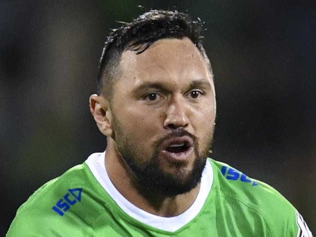 Jordan Rapana of the Raiders in action during the NRL Preliminary Final match between the Canberra Raiders and South Sydney Rabbitohs at GIO Stadium in Canberra, Friday, September 27, 2019. (AAP Image/Lukas Coch) NO ARCHIVING, EDITORIAL USE ONLY