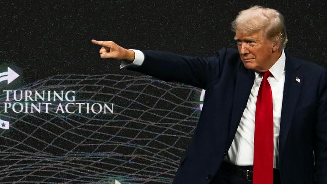 Donald Trump gestures after speaking at ’The Believers Summit’ in West Palm Beach, Florida. Picture: Chandan Khanna / AFP