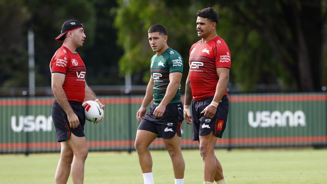 Latrell Mitchell (right) at Souths training in Maroubra this week. Photo: Jonathan Ng