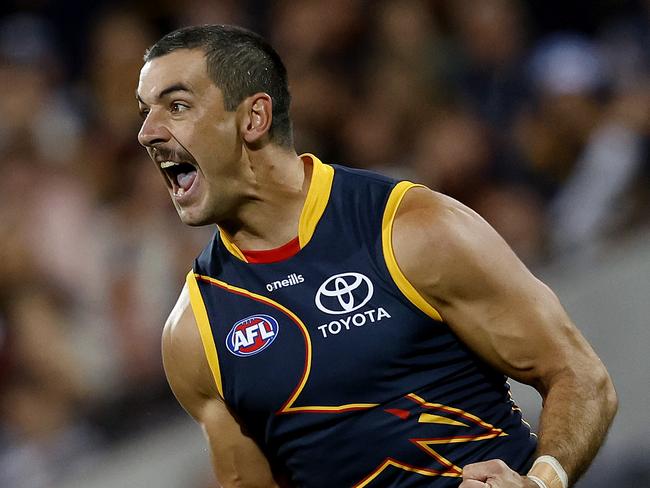 Adelaide's Taylor Walker celebrates kicking a goal  during the AFL Gather Round match between the Adelaide Crows and Carlton Blues at the Adelaide Oval on April 13, 2023. Photo by Phil Hillyard(Image Supplied for Editorial Use only - **NO ON SALES** - Â©Phil Hillyard )