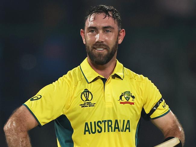 DELHI, INDIA - OCTOBER 25: Glenn Maxwell of Australia celebrates their century during the ICC Men's Cricket World Cup India 2023 between Australia and Netherlands at Arun Jaitley Stadium on October 25, 2023 in Delhi, India. (Photo by Robert Cianflone/Getty Images)