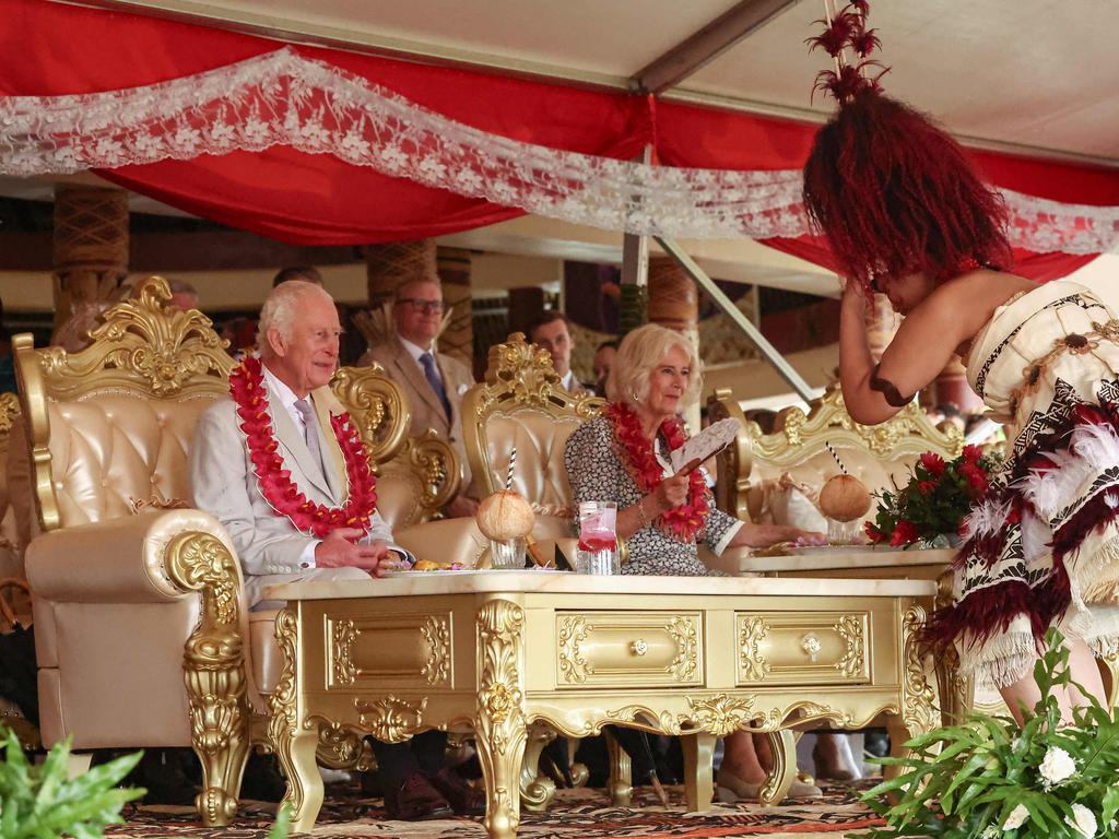 The King and Queen attend the bestowing and farewell ceremony on the final day of the royal visit to Samoa. Picture: AFP