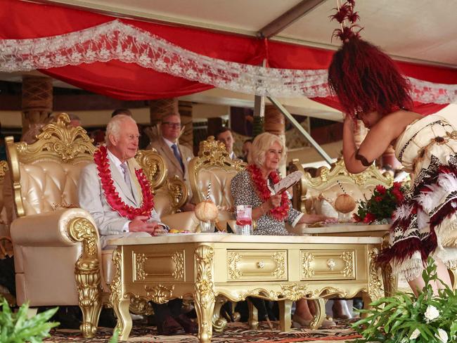 The King and Queen attend the bestowing and farewell ceremony on the final day of the royal visit to Samoa. Picture: AFP