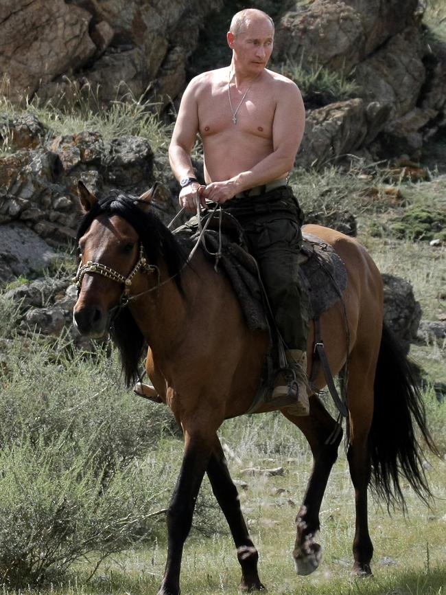 Russian Prime Minister Vladimir Putin rides shirtless in Southern Siberia. Picture: AFP