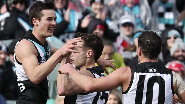 Young gun Connor Rozee celebrates another goal for Port Adelaide on Sunday. Picture SARAH REED