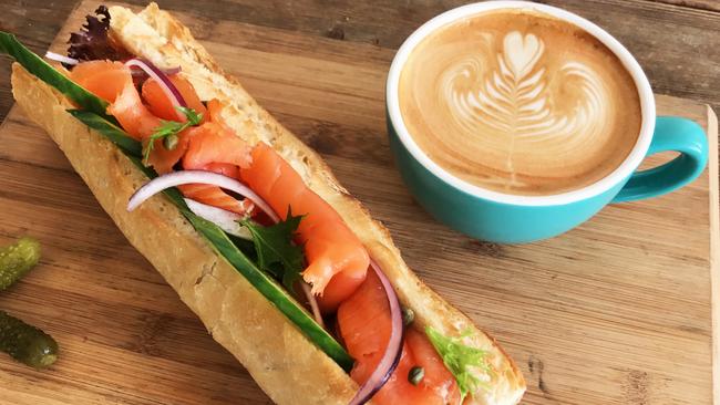 The Nielsen Kiosk’s smoked salmon sandwich and coffee. Picture: Jenifer Jagielski