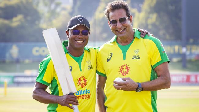 Picture opportunity to help promote Sunday's bushfire fundraising cricket match at the Junction Oval. L-R Cricket legends Brian Lara of the West Indies and Wasim Akram of Pakistan ahead of the bushfire fundraiser match on Sunday. Picture: Sarah Matray