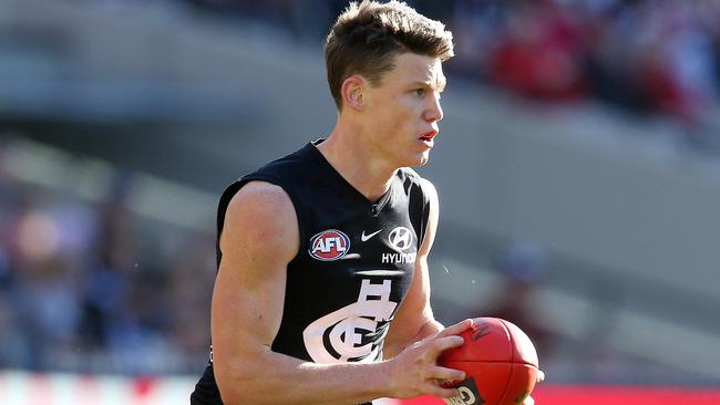 Sam Walsh wins another possession for Carlton as he closes in on the record. Picture: Michael Klein