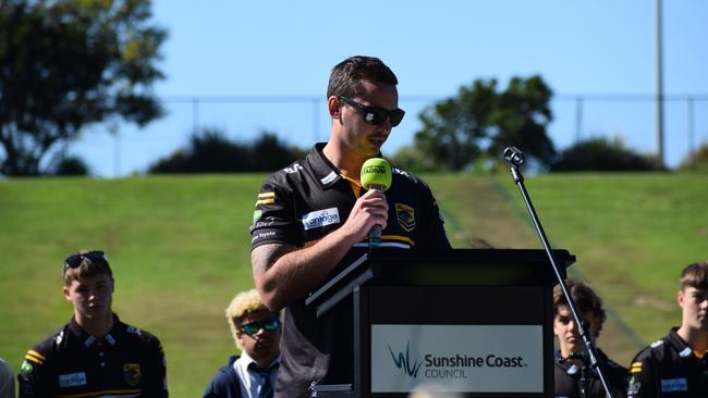 Sunshine Coast Falcons under-16s coach Tim Baldwin giving a speech.