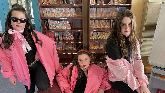 Nikaylah Atherton, Poppy Long and Lucy Vaughan as the legendary Pink Ladies for the 2023 Book Week at Strathfieldsaye Primary School. Picture: Julieanne Strachan