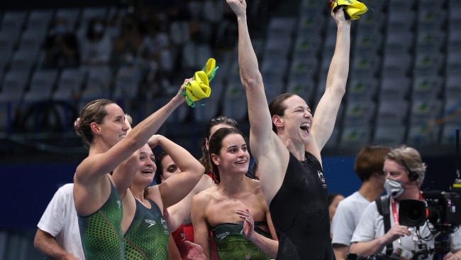 The Australian women's 4x100m medley relay team celebrate after winning gold. Photo: Al Bello/Getty Images