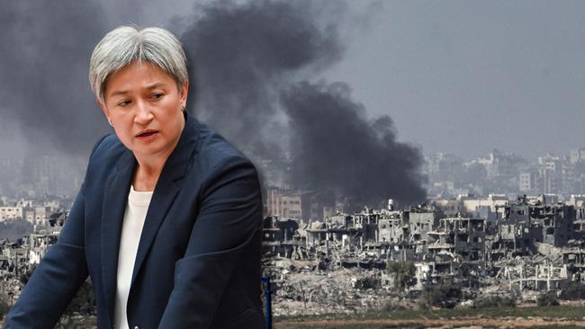 Penny Wong; scenes of destruction in the Gaza Strip. Pictures: Picture: NCA NewsWire/Martin Ollman/AFP