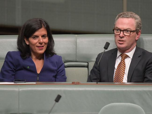 Julia Banks sits with Defence Minister Christopher Pyne on the crossbench after she resigned from the Liberal Party. Picture: Tracey Nearmy/Getty Images