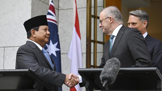 Indonesian President Prabowo Subianto and Mr Albanese in Canberra in August 2024. Picture: NewsWire / Martin Ollman