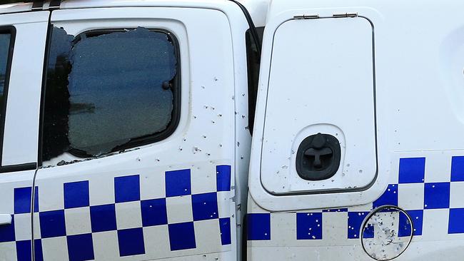 Bullet holes in the Victoria Police vehicle. Picture: Mark Stewart