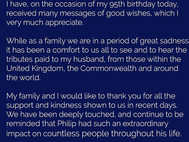 The Queen released a rare personal message to thank the world for its “kindness” following the death of Prince Philip. Picture: Instagram