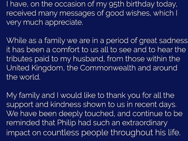 The Queen released a rare personal message to thank the world for its “kindness” following the death of Prince Philip. Picture: Instagram