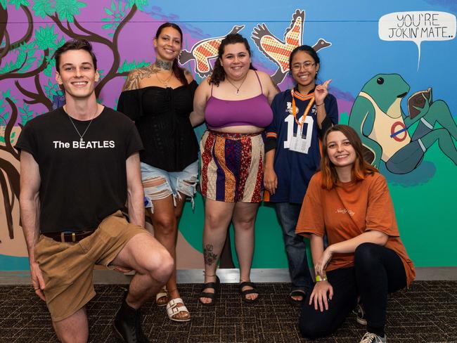 Caleb Schatz, Amber Shepherd, Bethany O’Shea, Ifa Shiddiq and Jarrah Watson at the City of Darwin Geektacular event, 2024. Picture: Pema Tamang Pakhrin