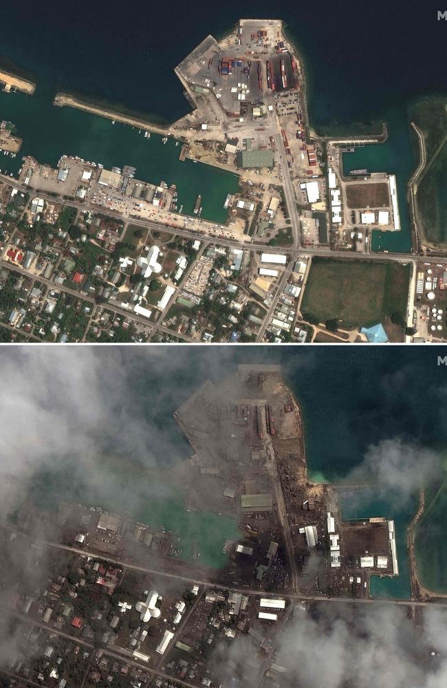 This combination of satellite images released by Maxar Technologies shows the main port in Tonga’s capital before and after the eruption. Picture: AFP