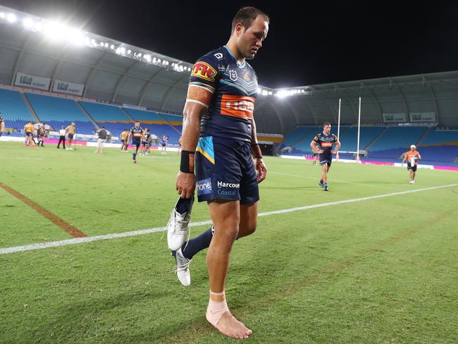 Tyrone Roberts leaves the field after the Titans’ 46-6 loss to Parramatta on Sunday. Picture: Chris Hyde/Getty Images