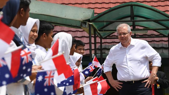 Prime Minister Scott Morrison speaks to students in Jakarta today. Picture: AAP