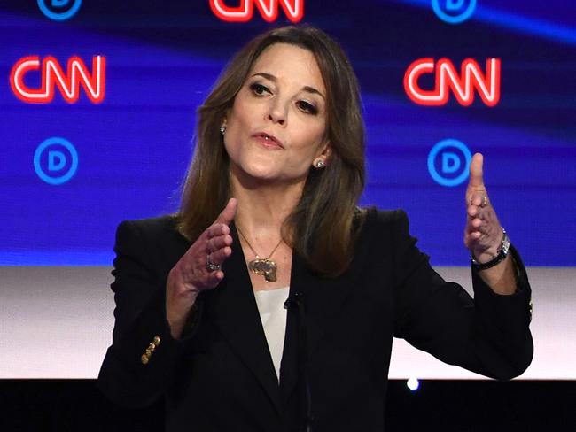 (FILES) In this file photo taken on July 30, 2019, Democratic presidential hopeful US author Marianne Williamson speaks during the first round of the second Democratic primary debate of the 2020 presidential campaign season in Detroit, Michigan. - Williamson suggested on September 4, 2019, that Americans could harness "the power of the mind" to change the course of deadly Hurricane Dorian. (Photo by Brendan Smialowski / AFP)