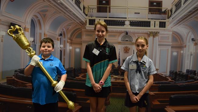 The Youth Sergeant-at-Arms, Tobyn Smith, Youth Opposition Leader Sophie Cikursch, and Youth Premier Livie Yantsch.